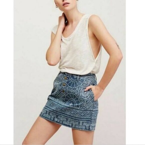 Free People Tribal Print Denim Mini Button Skirt - Picture 1 of 11